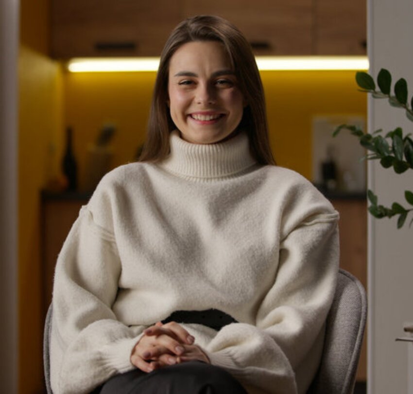 Portrait happy Caucasian woman looking at camera smiling laughing home living room positive satisfied female relaxed girl health joy medicine insurance loan householder tenant beautiful lady student